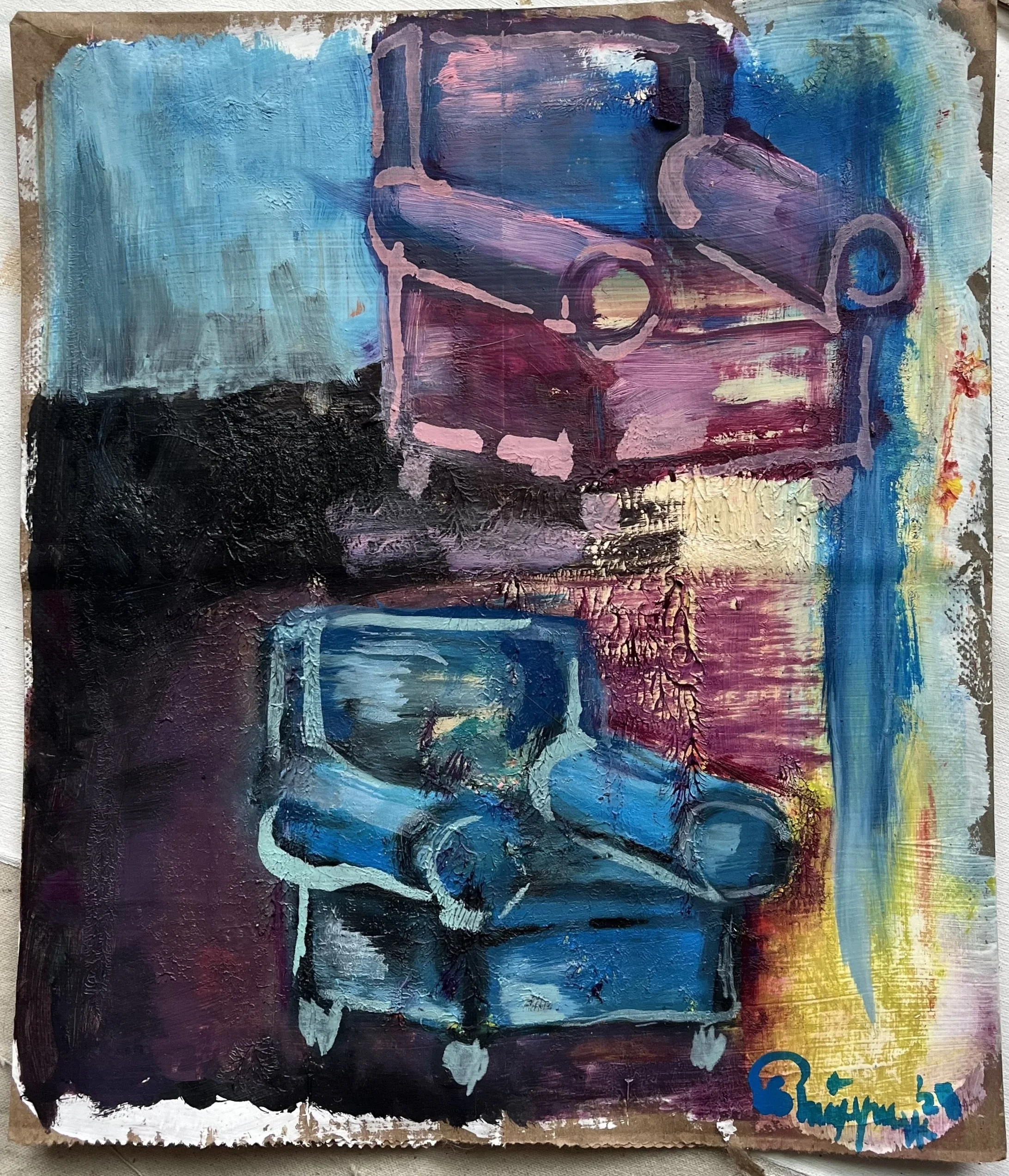 An abstract painting of a vintage blue armchair and an old pink truck with a colorful, textured background.