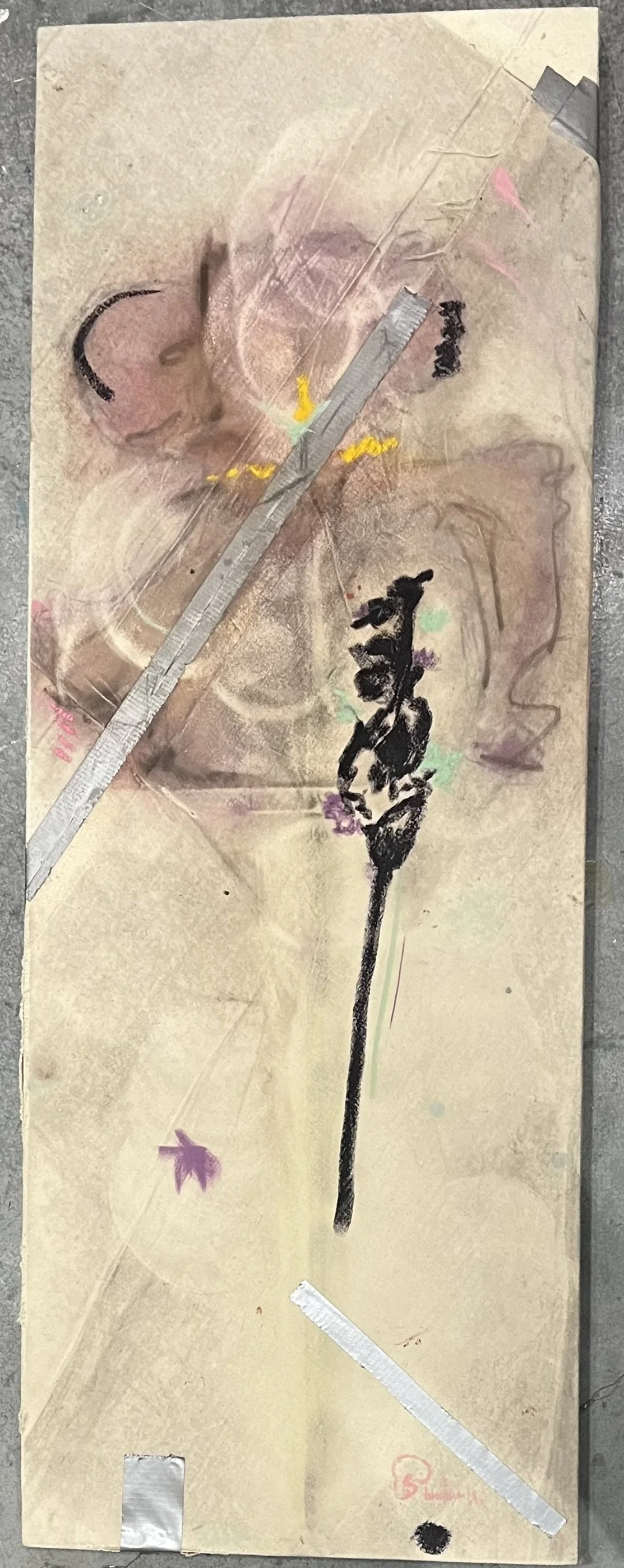 Abstract mixed media artwork featuring a human face outline, paint splashes, and black calligraphic characters on beige textured background with silver tape accents.