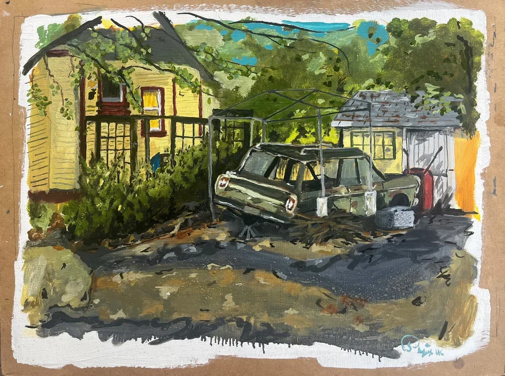 A painting of a damaged car partially buried in dirt and mud in a backyard, with a house, trees, and a shed in the background.