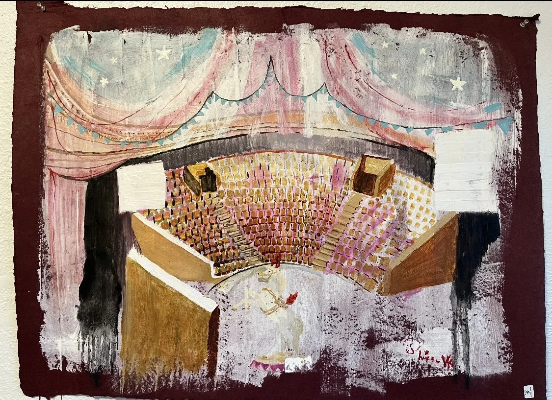 Painting of a theater stage with an empty audience and a ballerina performing on stage, surrounded by curtains, starry sky, and decorative banners.