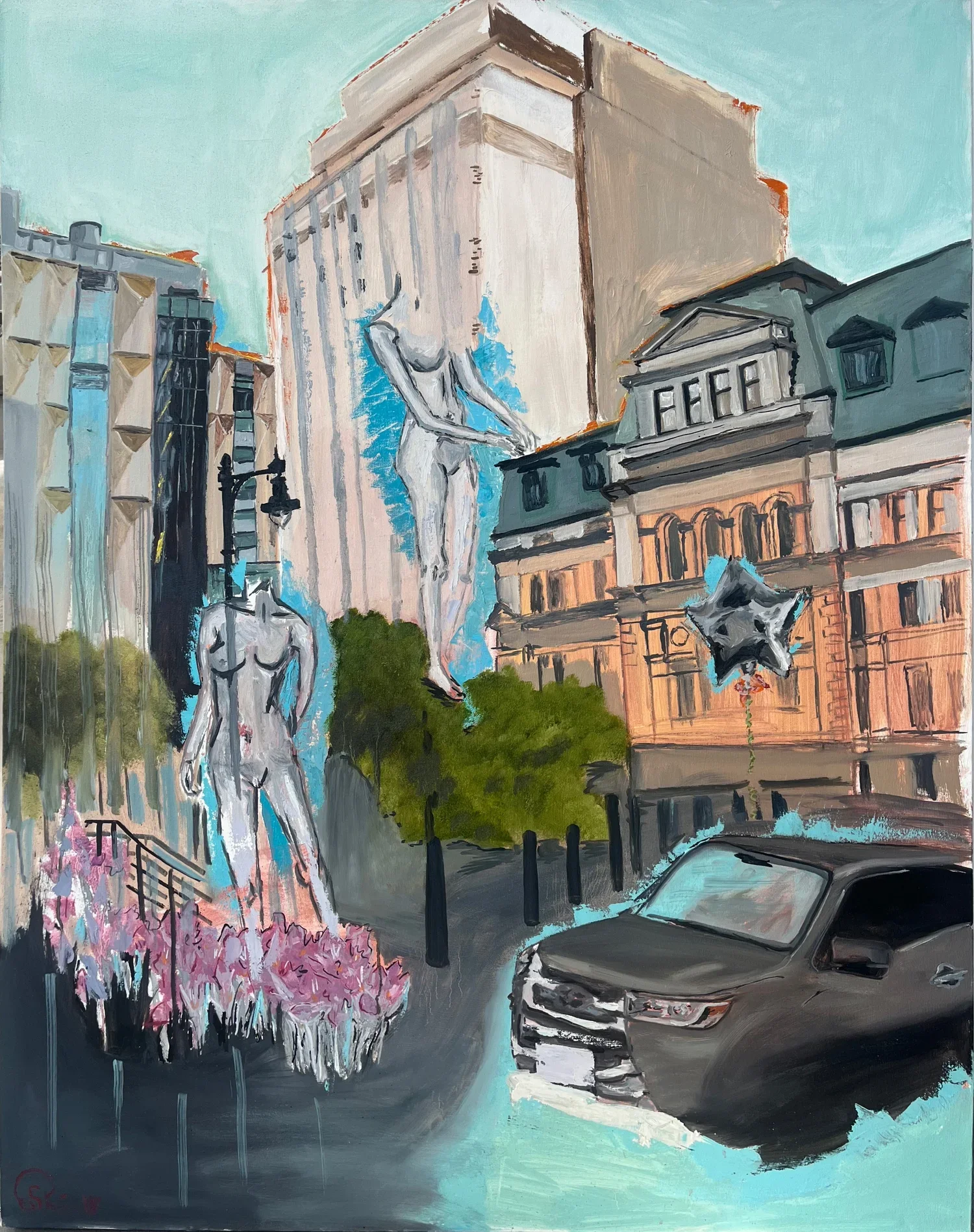 A city street scene painted with tall buildings, large floating female nudes, green trees, a black car, a star-shaped balloon, and pink flowers.