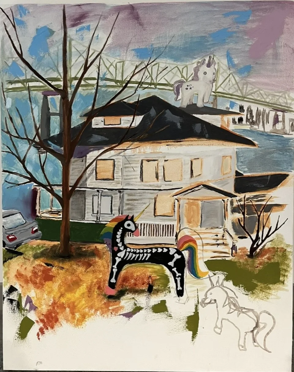 A house with trees in front, a car parked nearby, and a painted two unicorns on the lawn, one with a skeleton pattern and the other outlined in pencil. A large stuffed unicorn is in the background, atop the house, and a rainbow-colored unicorn you ca