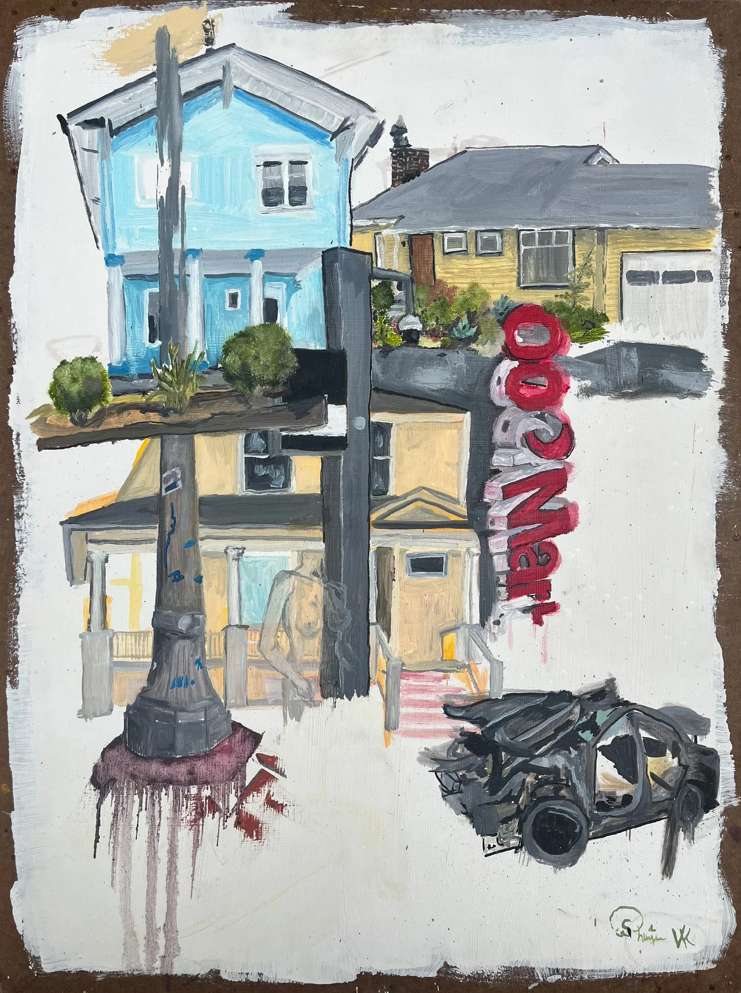 A painting of a no parking sign, damaged and abandoned cars, and residential houses in the background. The sign is painted blue with bushes around it, and the car appears burned out. The houses are painted in light colors, with one house in blue and 