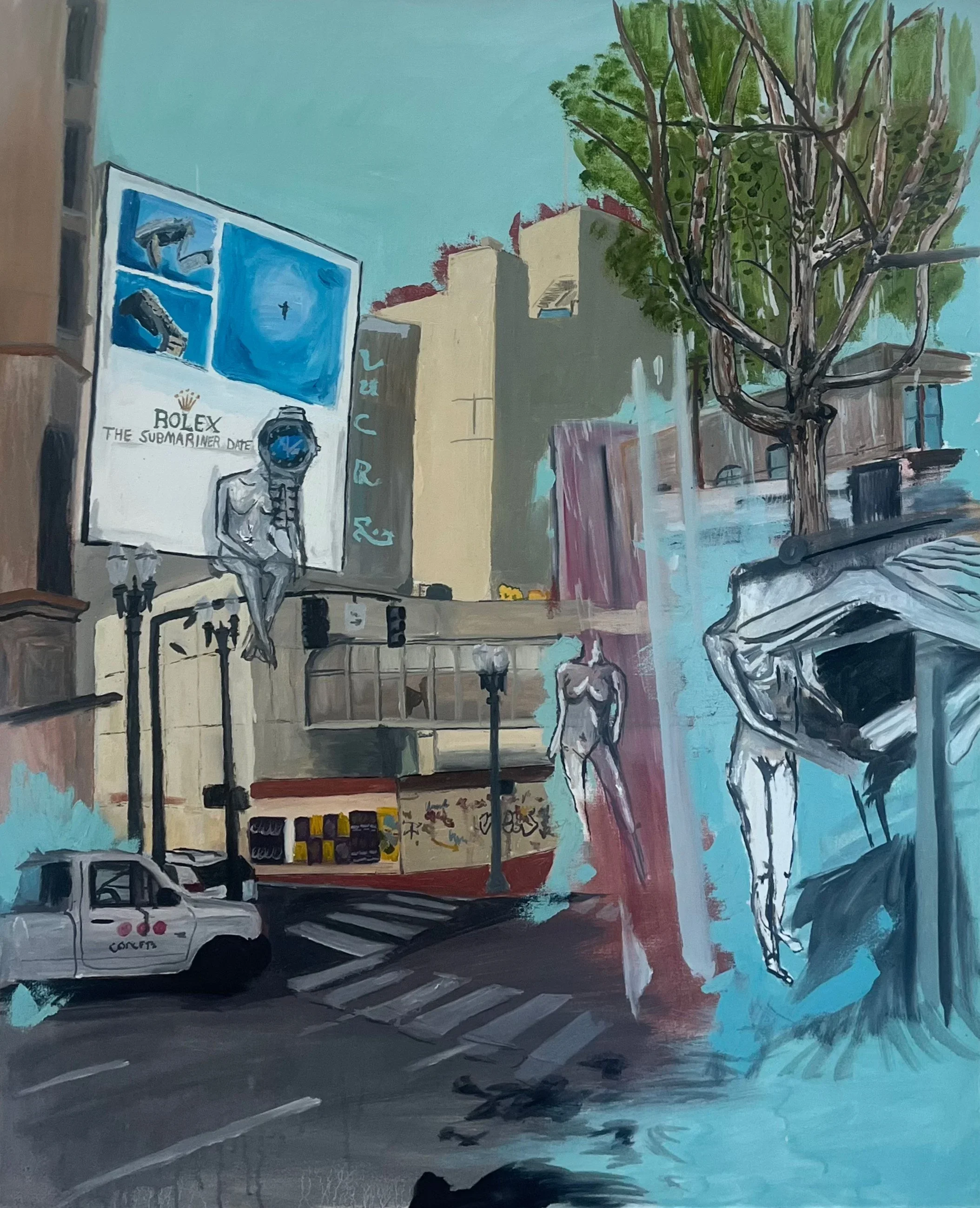 A city street scene painted in a mix of realistic and abstract styles that features buildings, a large tree, street lamps, billboards, and a white vehicle. There are two human-like figures in the scene, one sitting on a ledge and another standing.