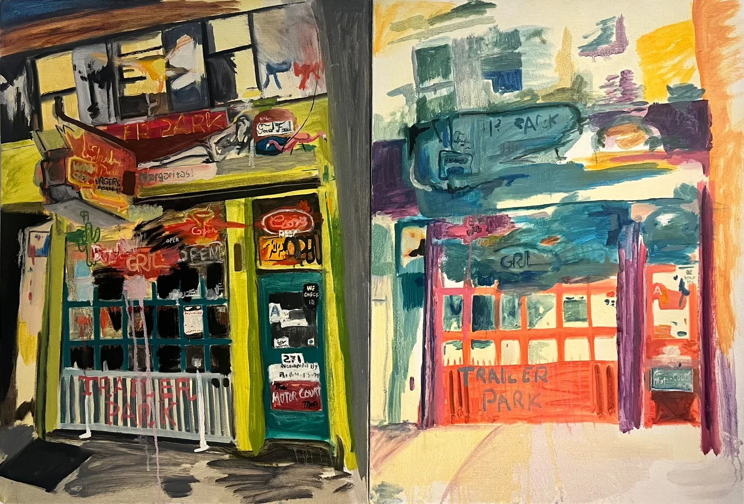 A colorful painting of two gate entrances labeled 'Trailer Park.' The left gate is green with signage, neon signs, and a small patio area inside. The right gate is pink and purple with a more abstract appearance. Both gates have decorative elements a