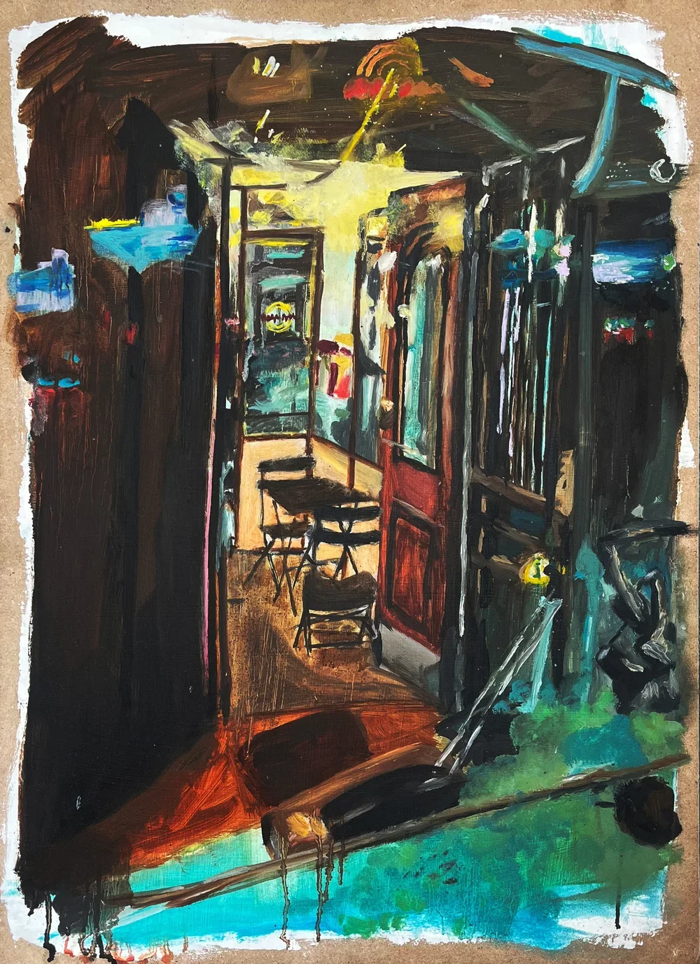An abstract painting of a cozy cafe interior with tables, chairs, and windows, using vibrant colors and dynamic brushstrokes.