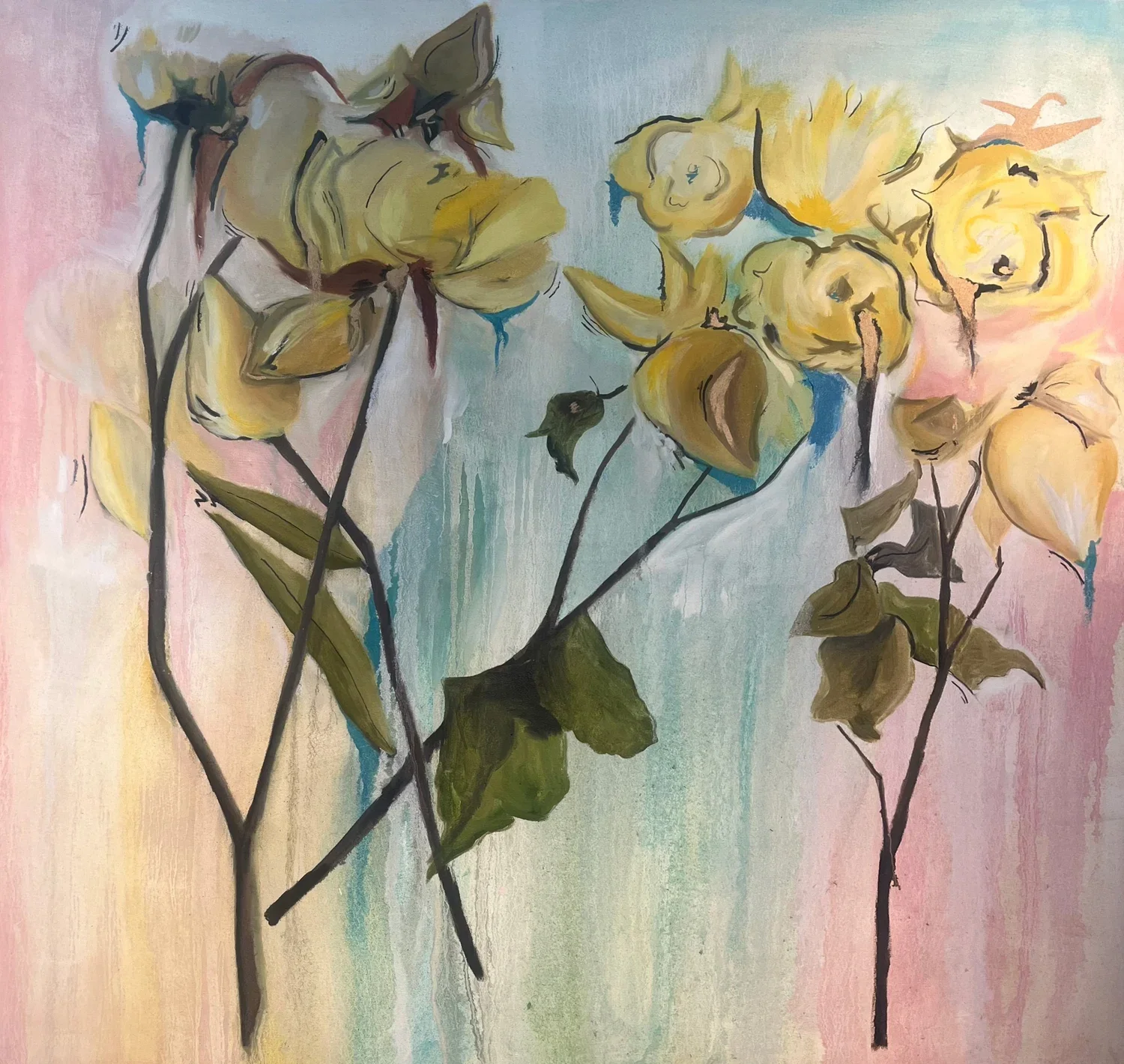A colorful abstract painting of yellow roses with dark stems against a pastel background of pink, blue, and light green.