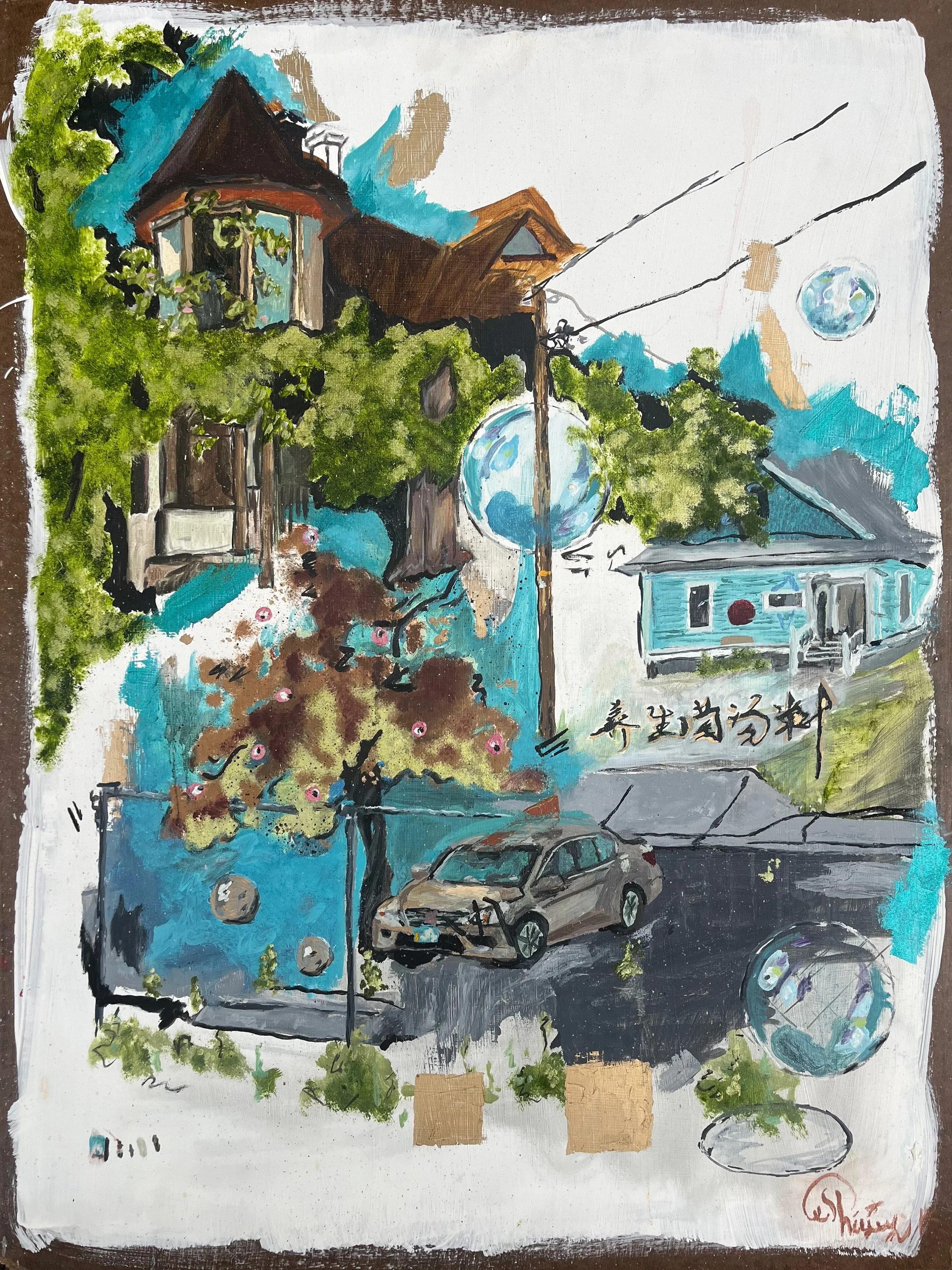 A painting of a residential scene with houses, trees, a parked car, power lines, and several floating orbs or planets in the sky, with a mix of natural and surreal elements.