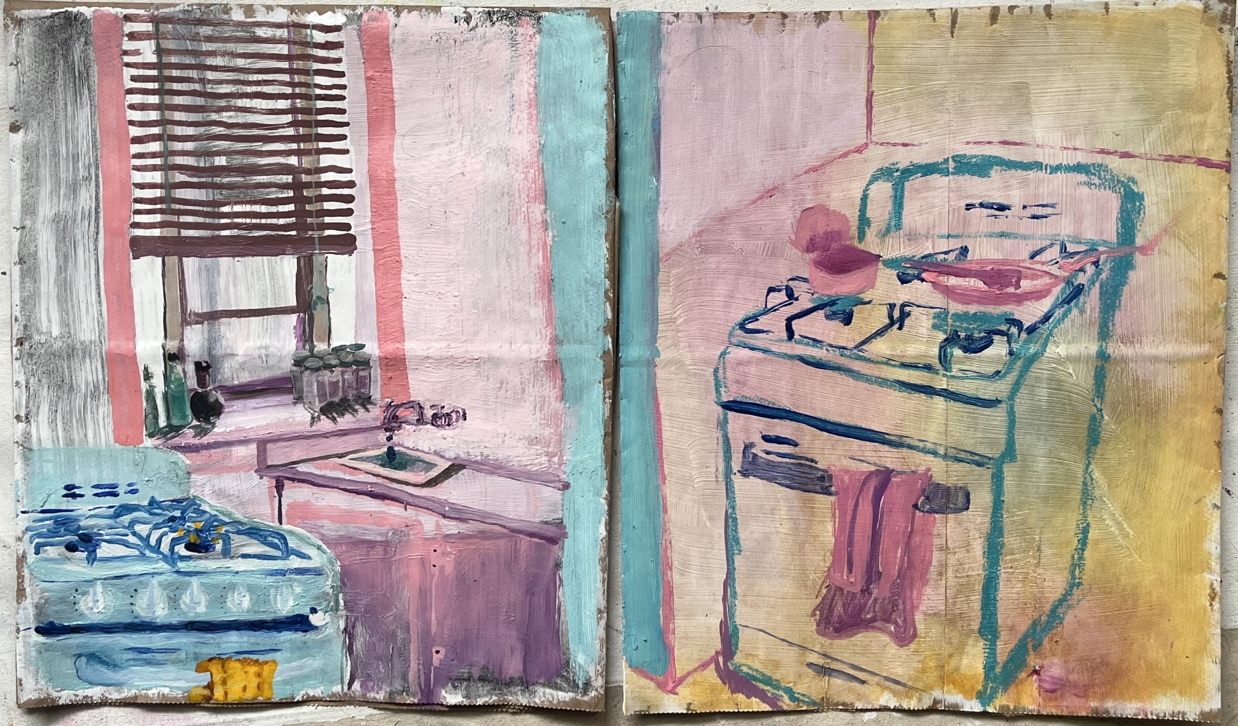 A painting of a kitchen scene divided into two sections, with an indoor setting featuring a stove, window with blinds, and various kitchen items on the left, and a stove with pots and a towel on the right.