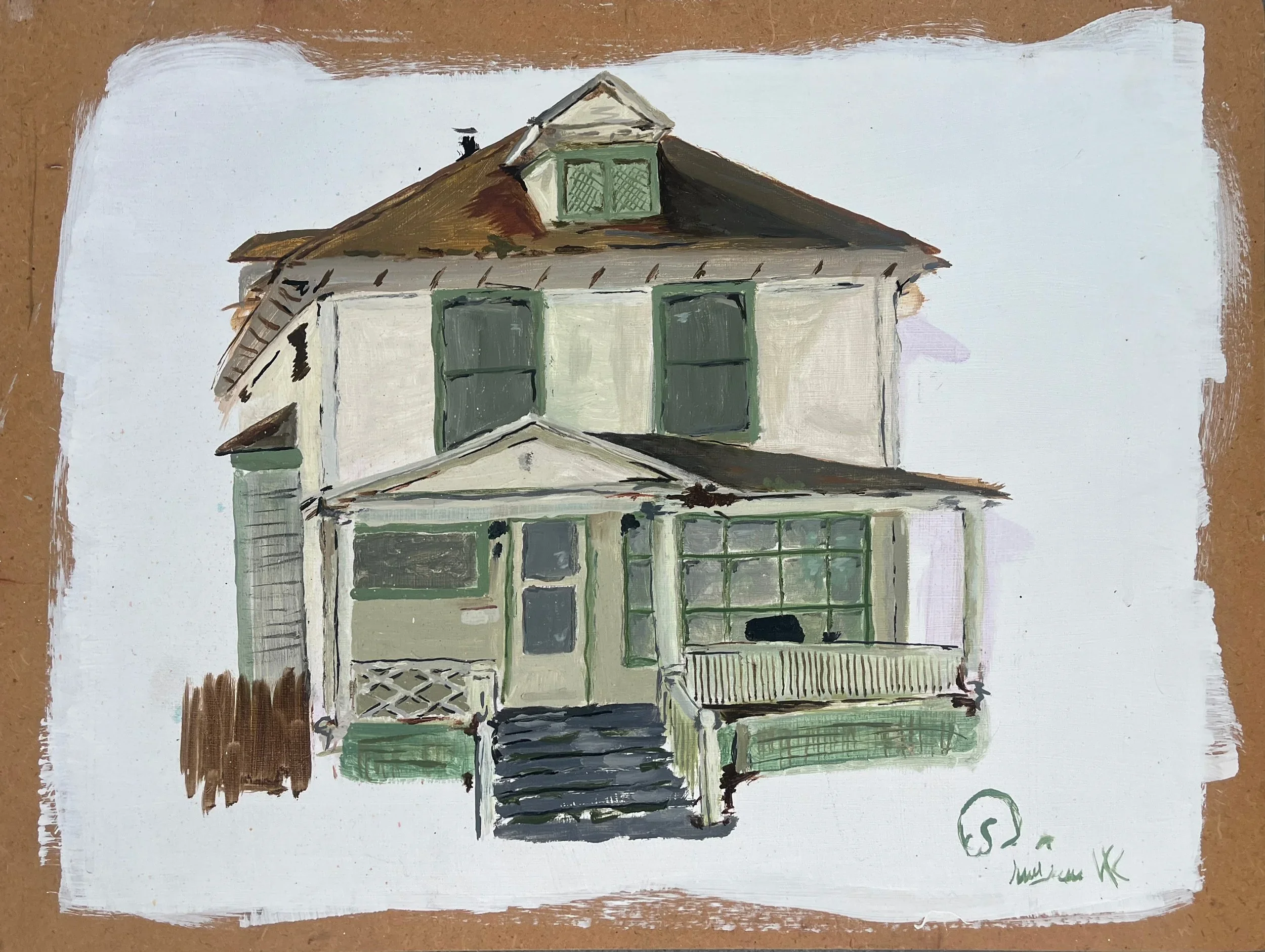 Painting of a two-story house with a green porch, large front windows, and a brown roof, set on a white background with brown borders.