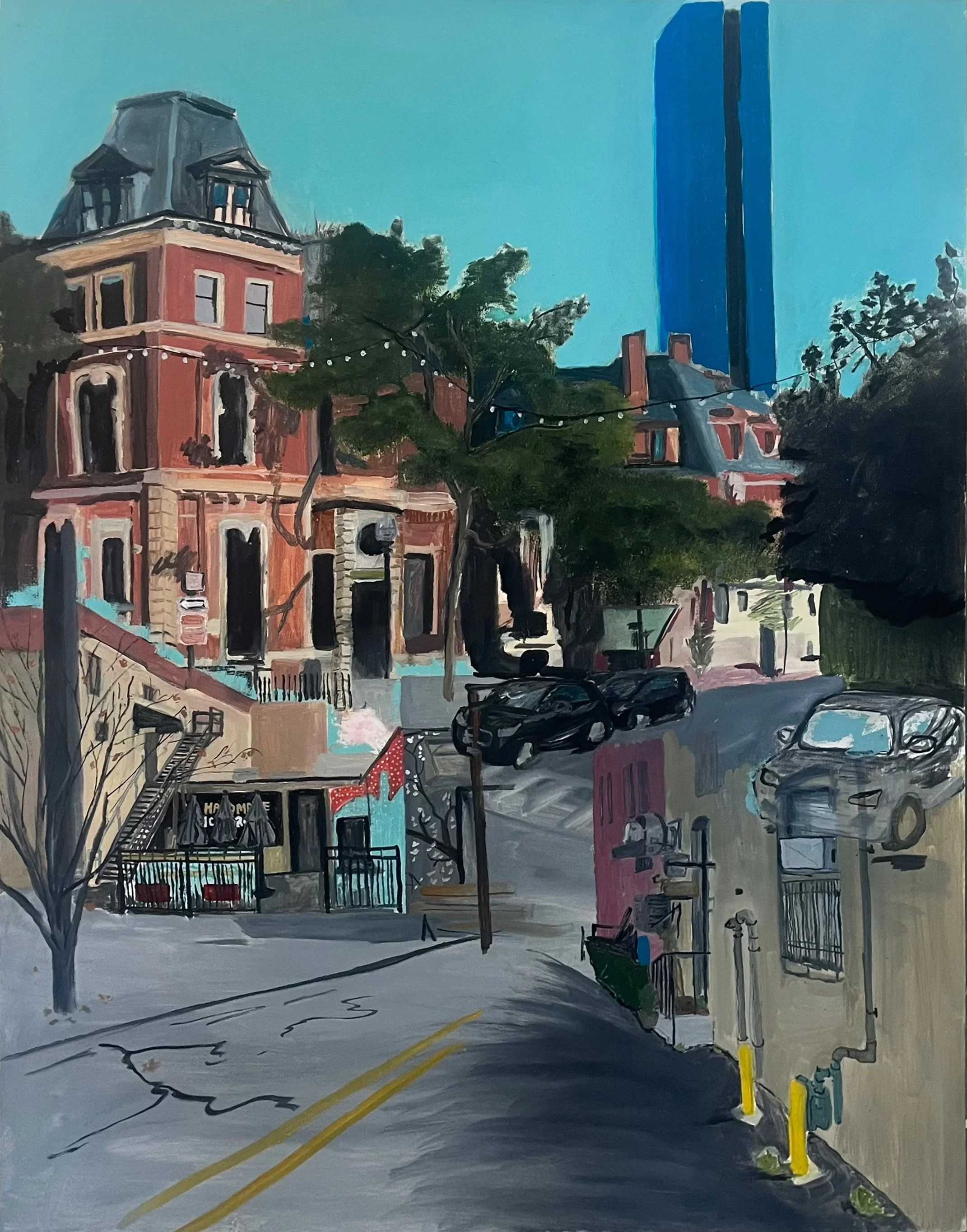 Painting of an urban street scene with colorful buildings, trees, parked cars, and string lights against a blue sky, with a tall modern building in the background.