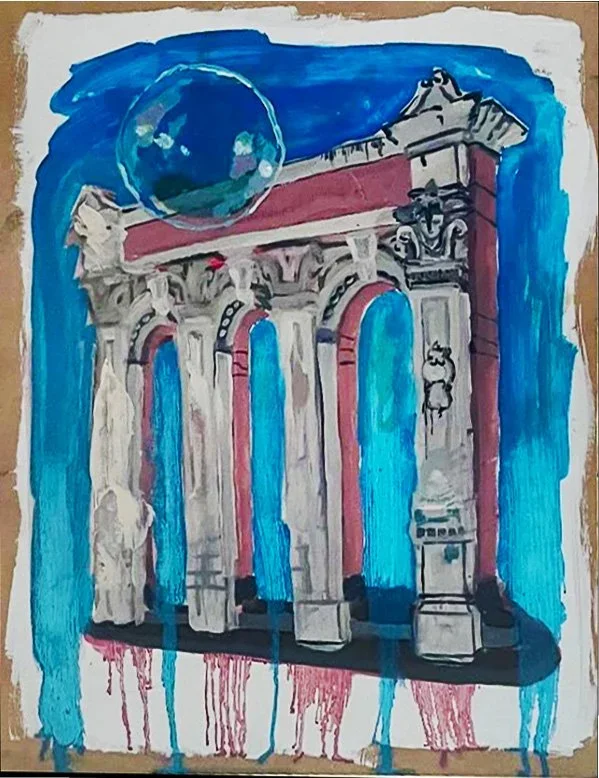 A watercolor painting of ancient Greek or Roman-style columns with a blue sky background and a floating soap bubble.