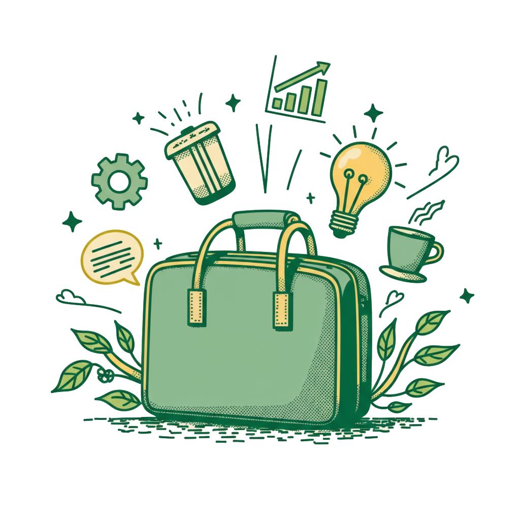 A green backpack surrounded by icons representing business, creativity, and productivity such as a bar chart, light bulb, coffee cup, speech bubble, gear, trash can, and leaves.