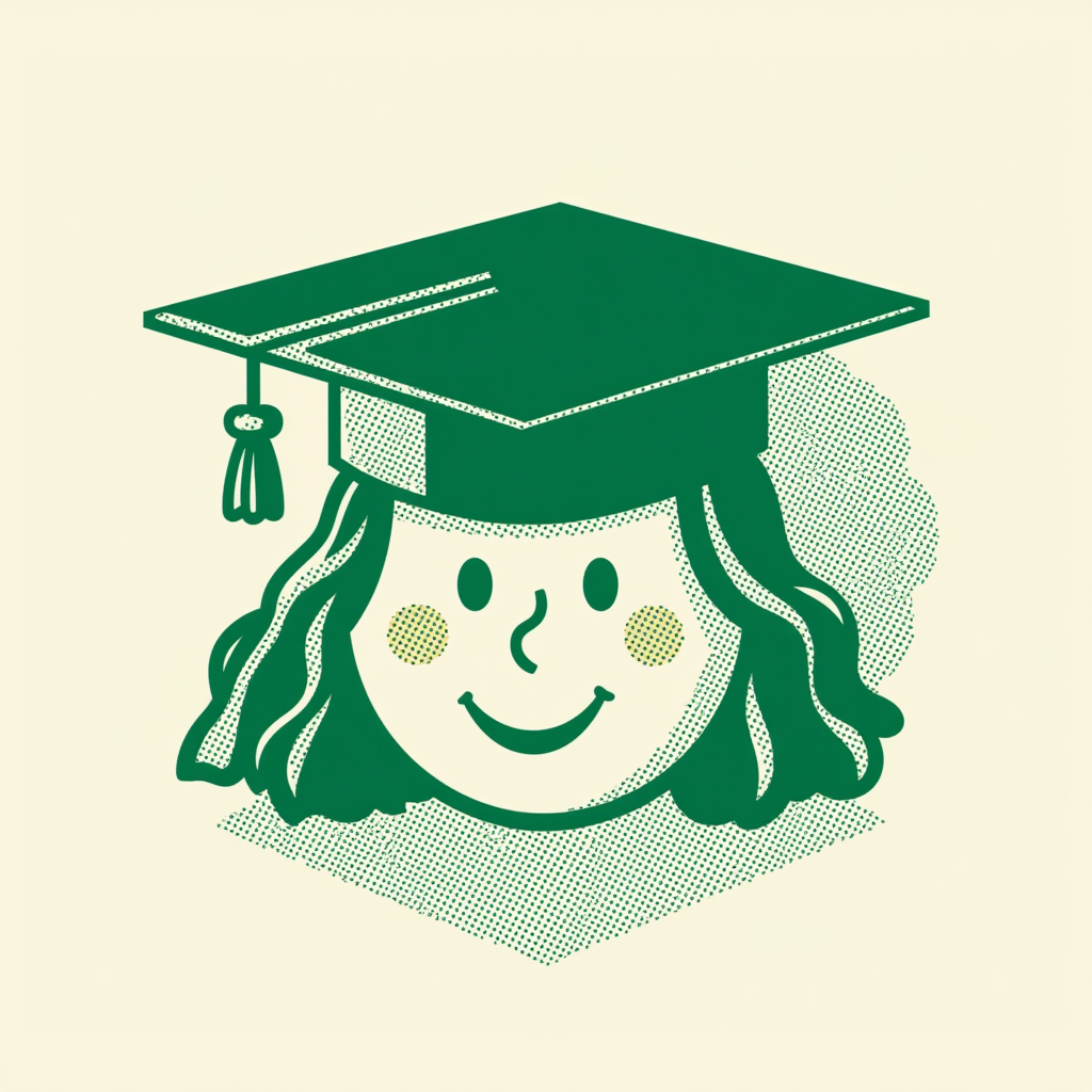 Cartoon illustration of a girl with curly hair wearing a graduation cap.