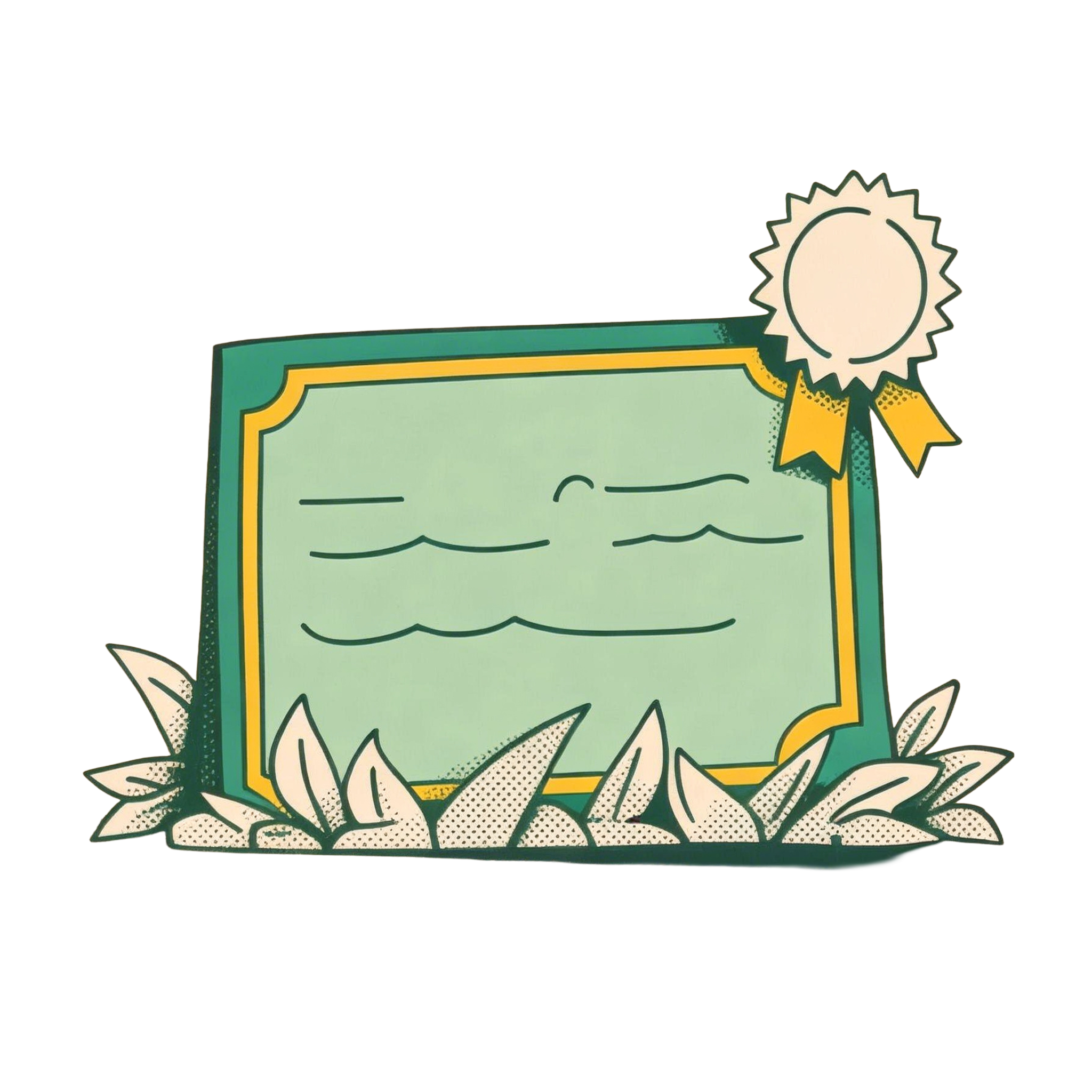 A cartoon-style award certificate with a gold ribbon at the top right corner, surrounded by scattered leaves at the bottom.