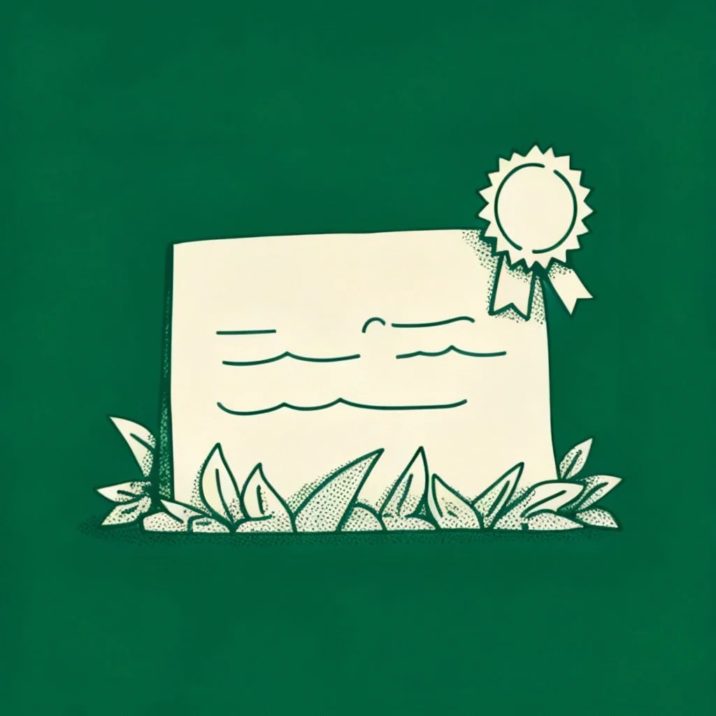 Recognition certificate with a badge and ribbons, surrounded by leaves, on a green background.