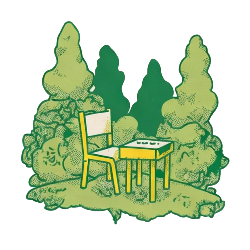 Illustration of a yellow chair and a yellow school table, surrounded by green trees and bushes, creating a picturesque outdoor scene.