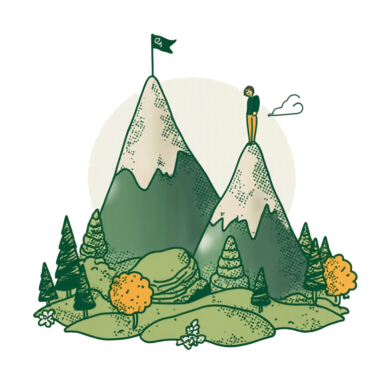 An illustration of a mountain landscape with two peaks, a person standing on the right peak, and a flag at the top of the left peak. The foreground features trees, shrubs, and rocks.