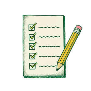Checklist with five items, all marked as completed, and a yellow pencil beside the list.