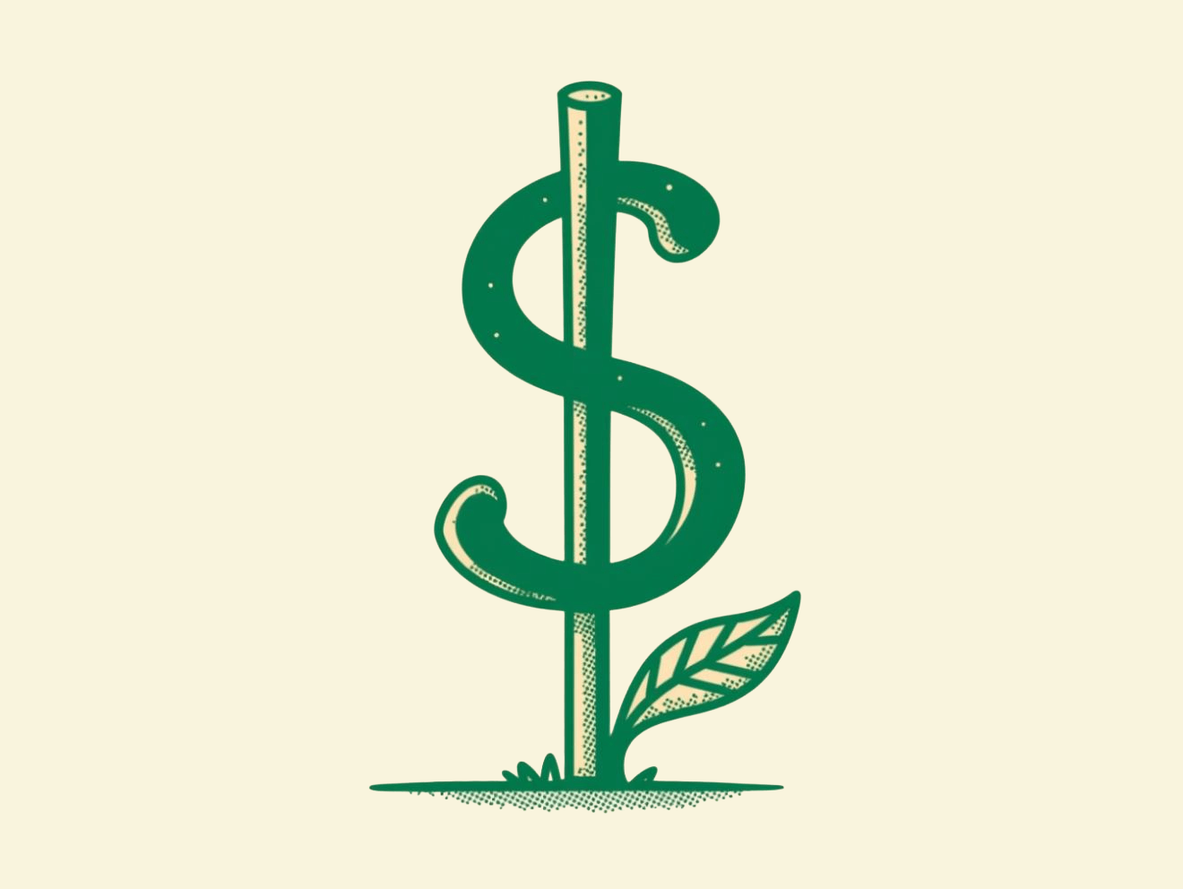 A dollar sign designed to look like a plant with a leaf at the base.