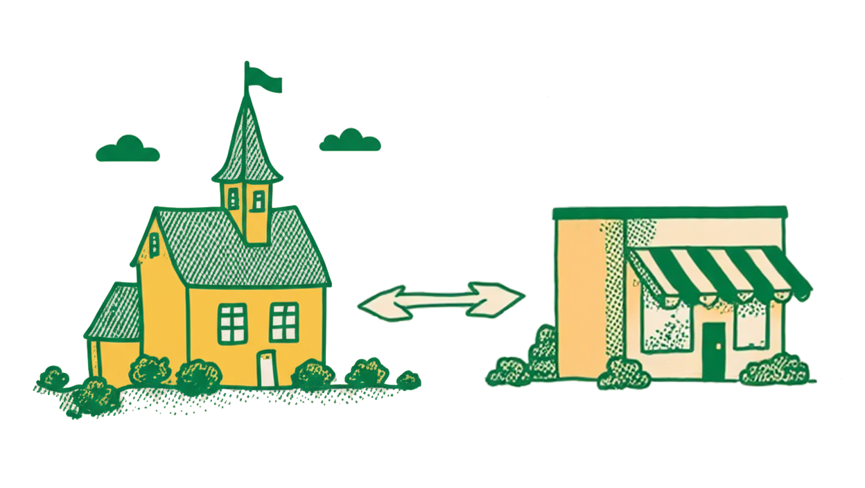 Illustration of two buildings, a school house with a steeple on the left and a shop on the right, connected by a double-headed arrow indicating exchange or connection.