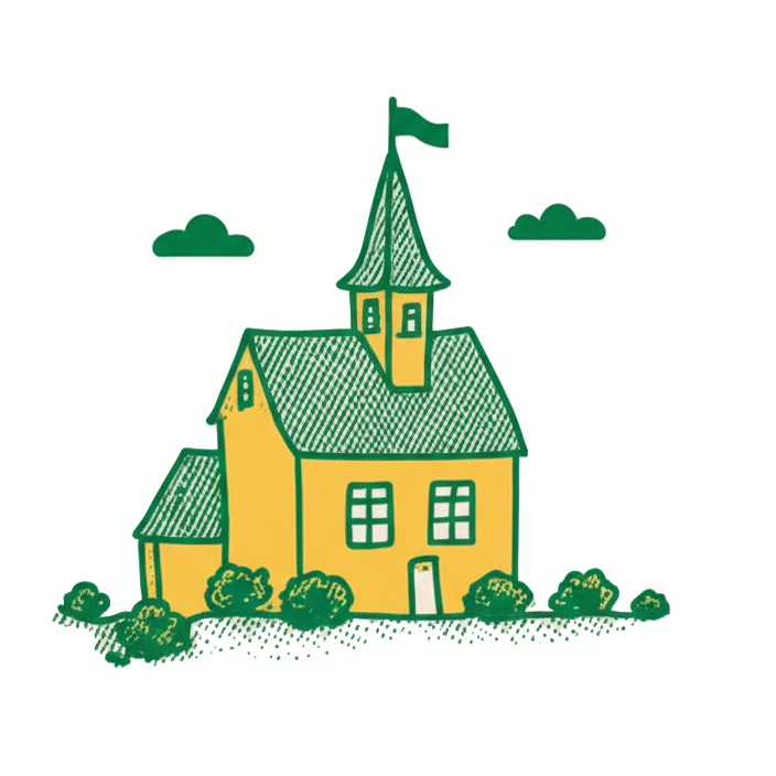 Drawn yellow church with green roof, steeple with gray stripe pattern, and green flag, surrounded by bushes and grass, with a blue sky and clouds in the background.