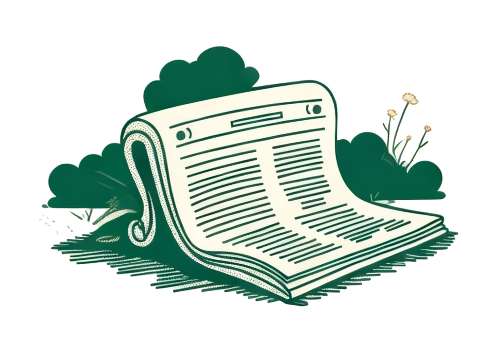 Illustration of a folded newspaper laying on grass with bushes and flowers in the background.