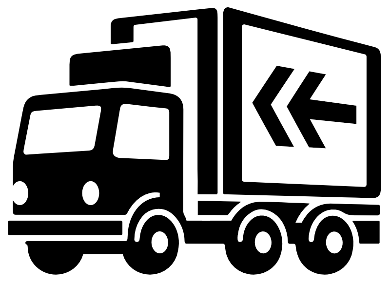 Black and white illustration of a delivery truck with an arrow pointing left on the side.