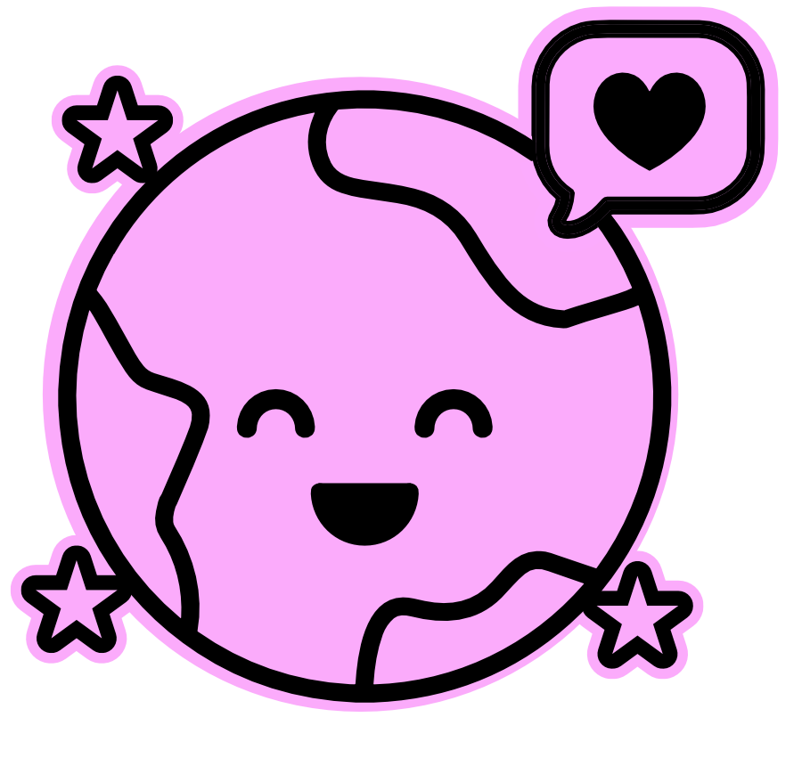 Cartoon depiction of Earth with a smiling face, surrounded by stars and a speech bubble with a heart symbol, all in purple and black outline.
