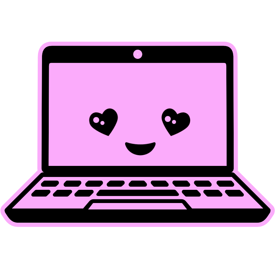 A pink cartoon laptop with a smiling face on its screen, featuring two heart-shaped eyes and a small smiling mouth, set against a black background.