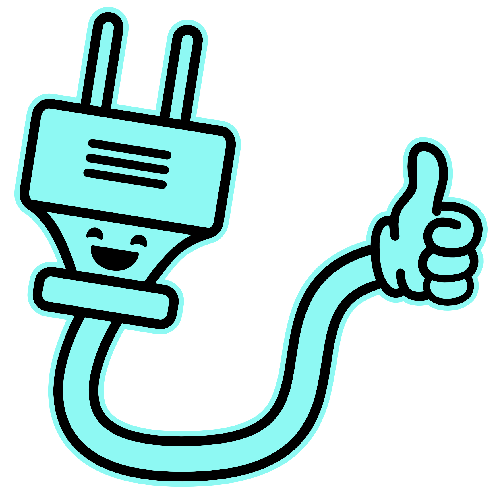 Cartoon illustration of a happy electrical plug giving a thumbs up.