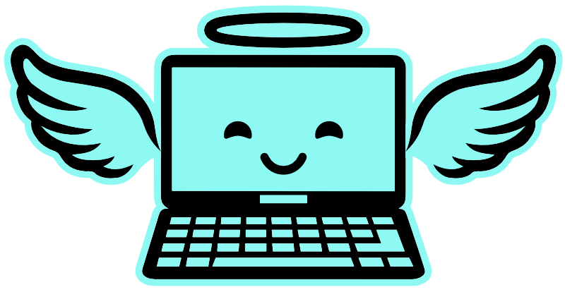 Cute cartoon laptop with a smiling face, wings, and a halo.
