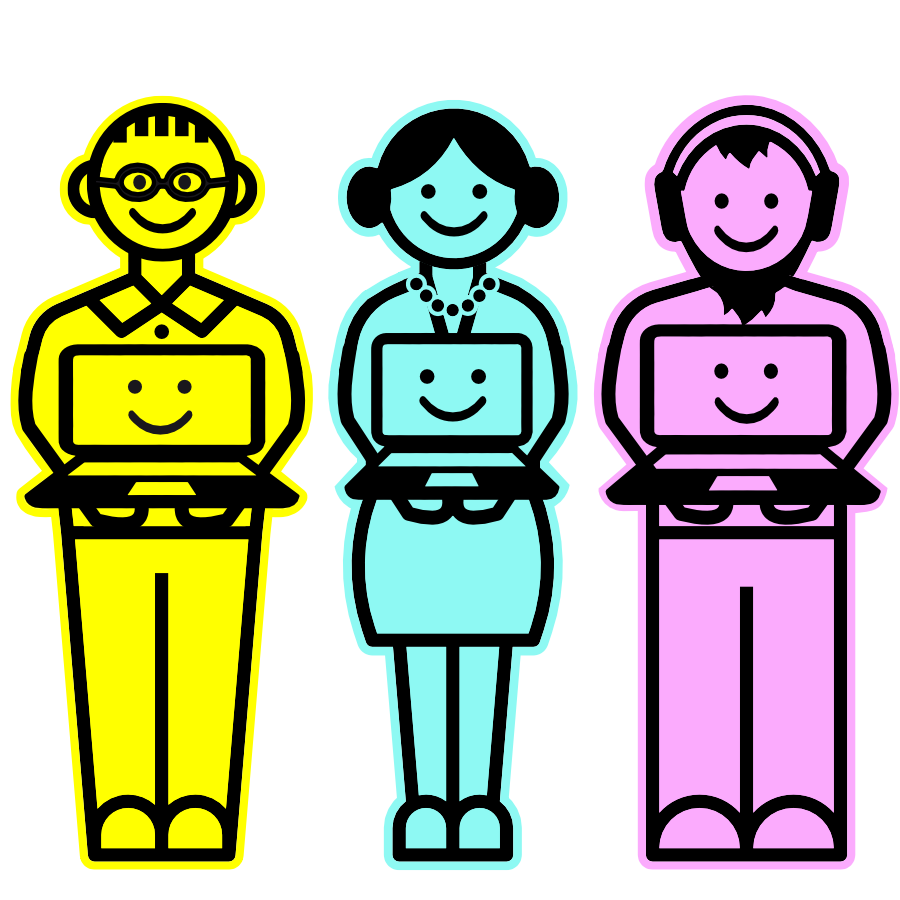 Illustration of three people holding laptops with smiley faces on screens, colored in yellow, light blue, and pink, standing side by side against a black background.
