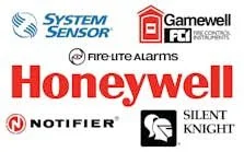 Collage of logos from companies like System Sensor, Gamewell, Honeywell, Fire-Lite Alarms, Notifier, Silent Knight.