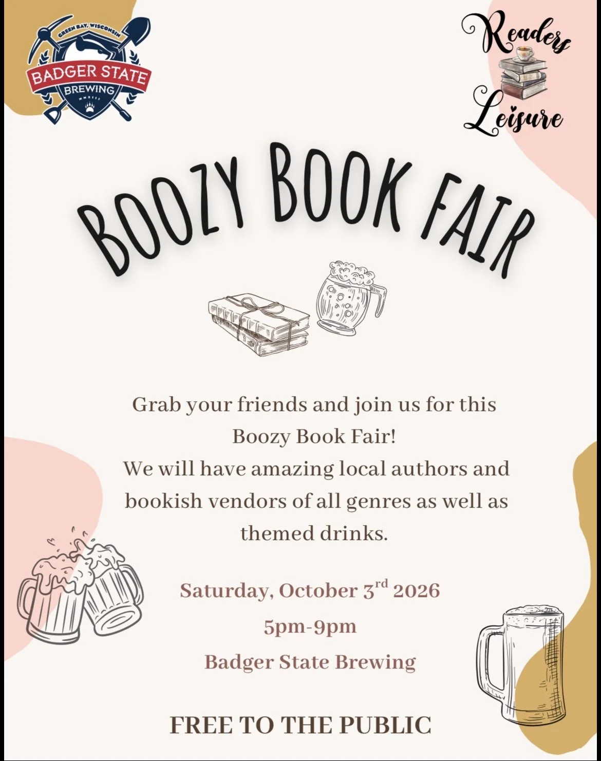 Flyer for Boozy Book Fair at Badger State Brewing on October 3rd, 2026, from 5 pm to 9 pm, featuring local authors, book vendors, and themed drinks. Includes illustrations of books, beer mugs, and a logo of Badger State Brewing.