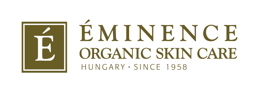 Eminence Organic Skin Care logo with gold lettering and border, includes text 'Hungary - Since 1958'.