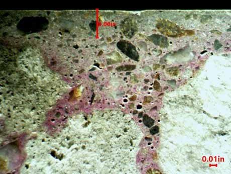 Concrete carbonation zone under magnification