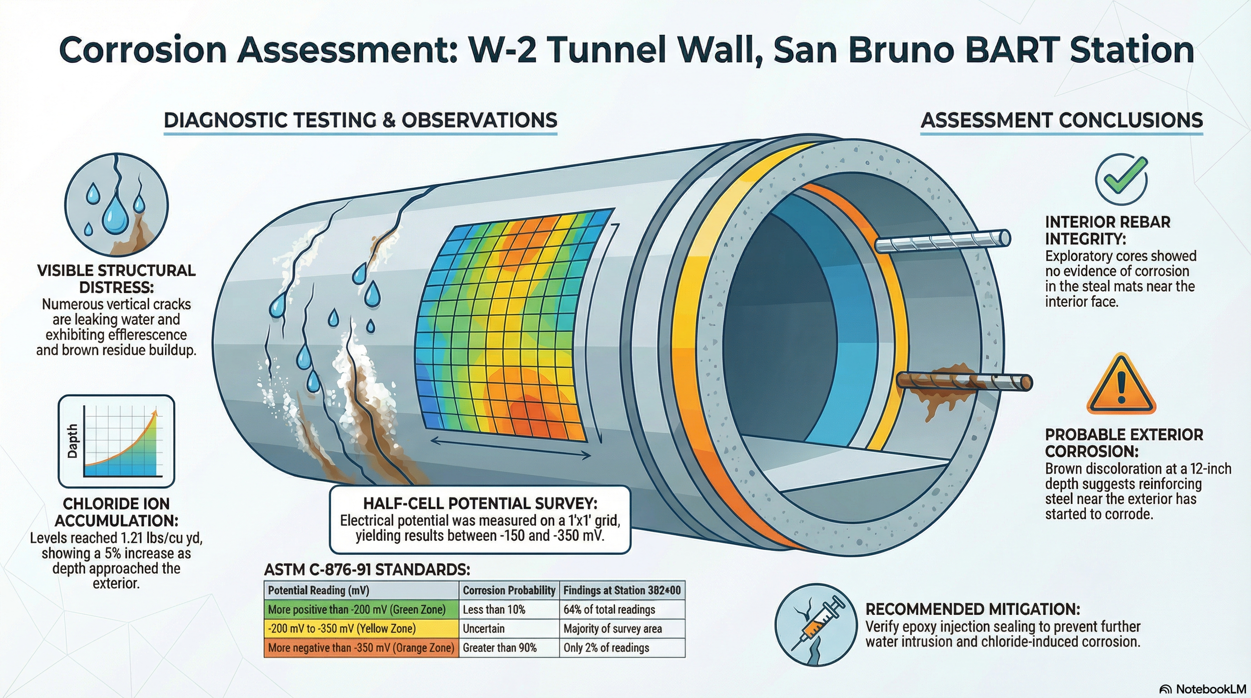 Illustrated infographic of a reinforced concrete tunnel wall showing cracking, water leakage, efflorescence, chloride exposure, half-cell survey results, exploratory coring observations, and corrosion assessment conclusions.