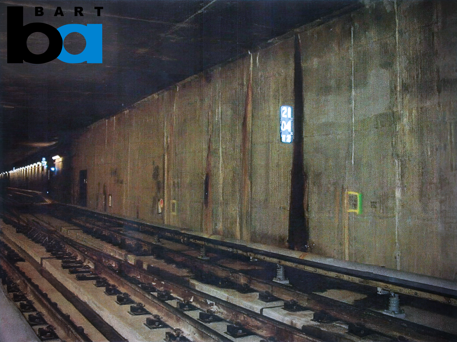 Overview of a reinforced concrete tunnel wall along rail tracks showing staining, moisture intrusion, and visible surface distress.