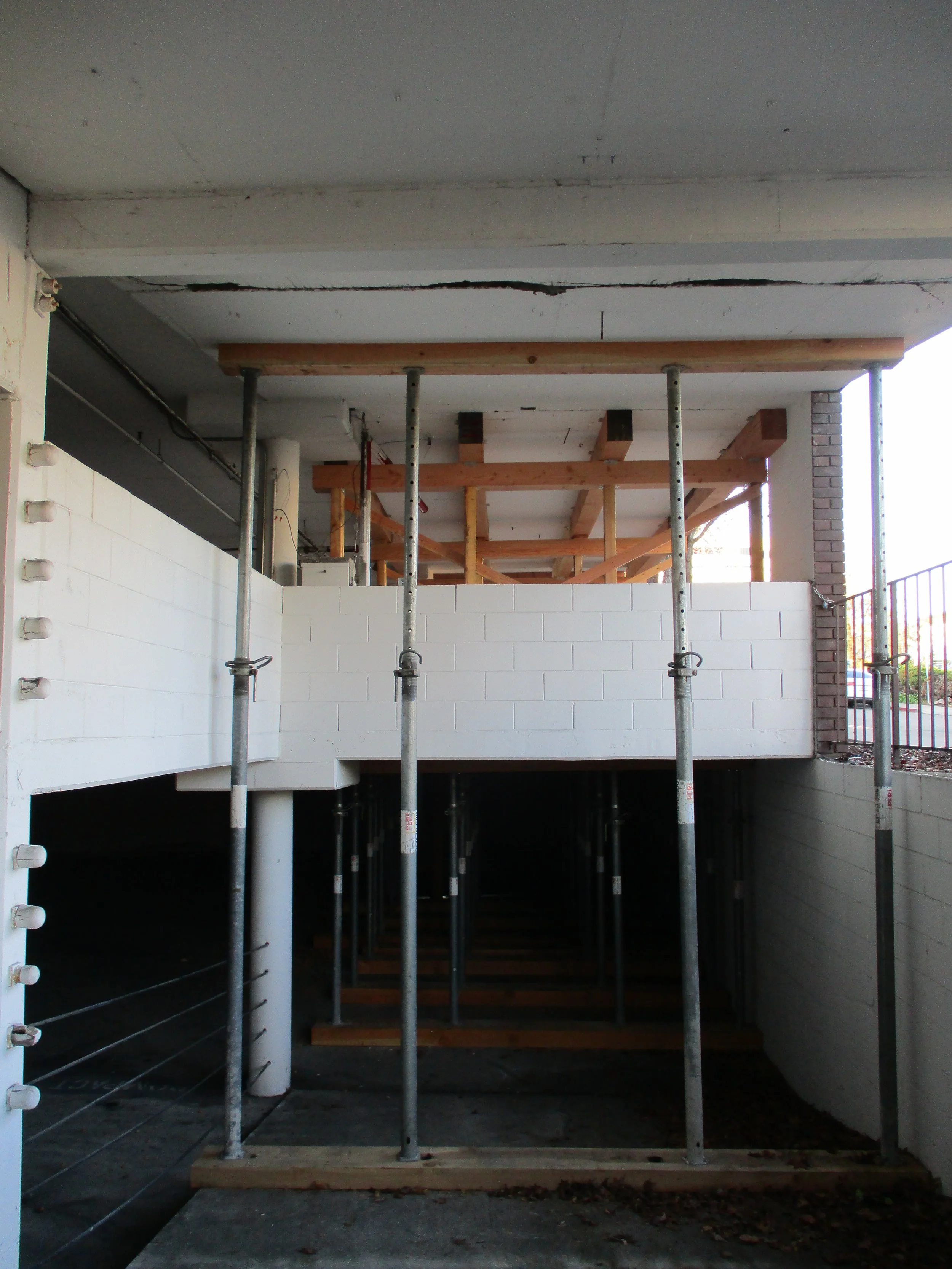 Shoring installed under elevated slab
