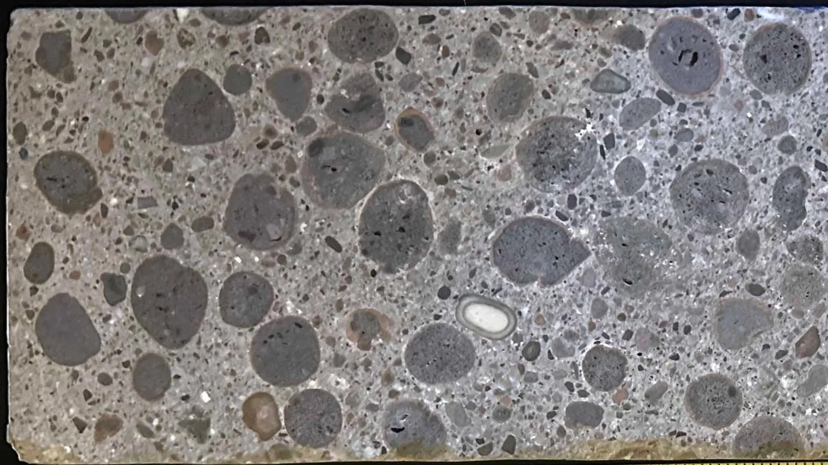 Polished concrete core face showing lightweight coarse aggregate for ASTM C856 petrographic review.