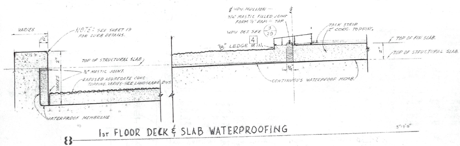 Detail drawing of deck slab waterproofing with drainage slope and perimeter transitions.