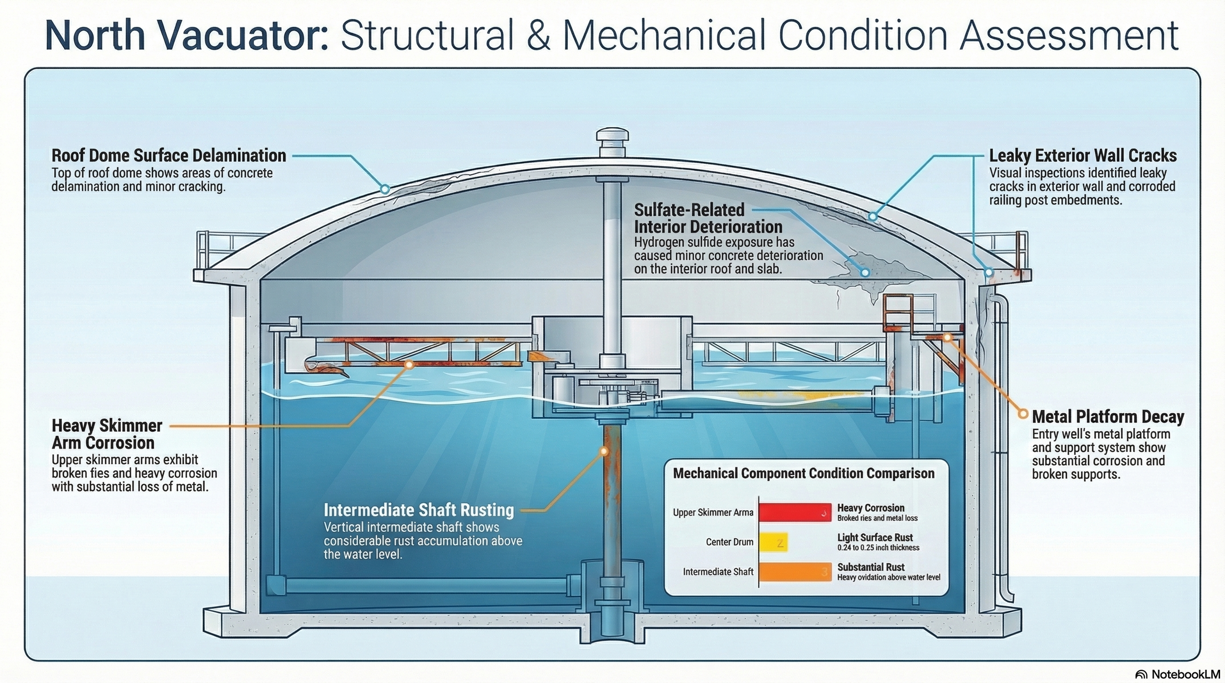 Infographic showing the various issues faced with the Vacuator such as corrosion, sulfate attack, delamination's, leaks, and rust.