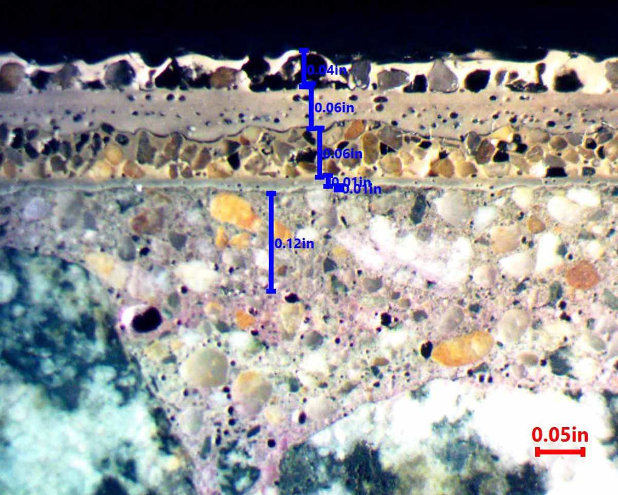 Petrographic analysis showing concrete microstructure and layer composition. Used to assess material integrity and durability.