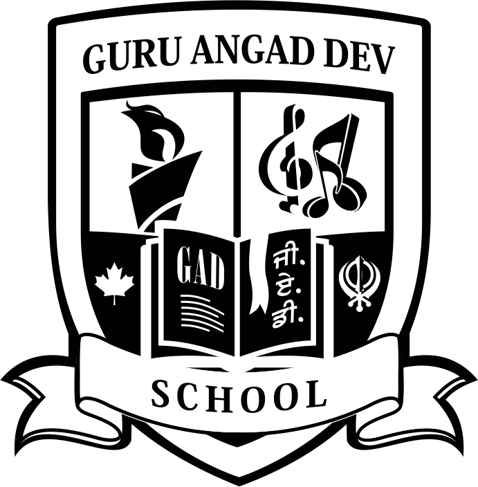 A school emblem for Guru Angad Dev School featuring musical notes, a torch, a maple leaf, and an open book with the word GAD and text in Gurmukhi script.