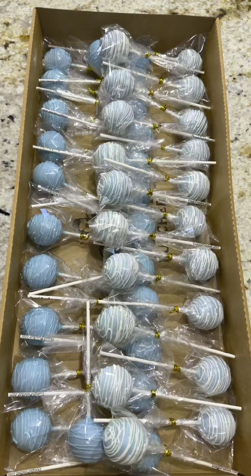 Box of blue cake pops