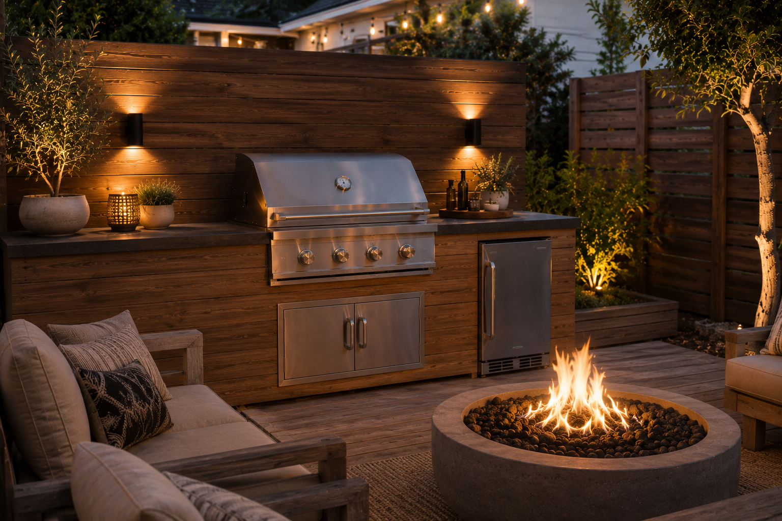 Outdoor kitchen with fire pit and patio seating