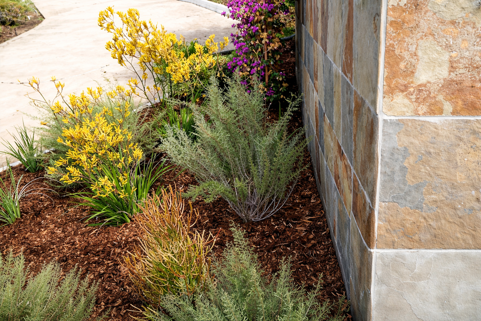 A landscaped garden bed with yellow and purple flowering plants and silver-green foliage, next to a stone wall and concrete pathway.