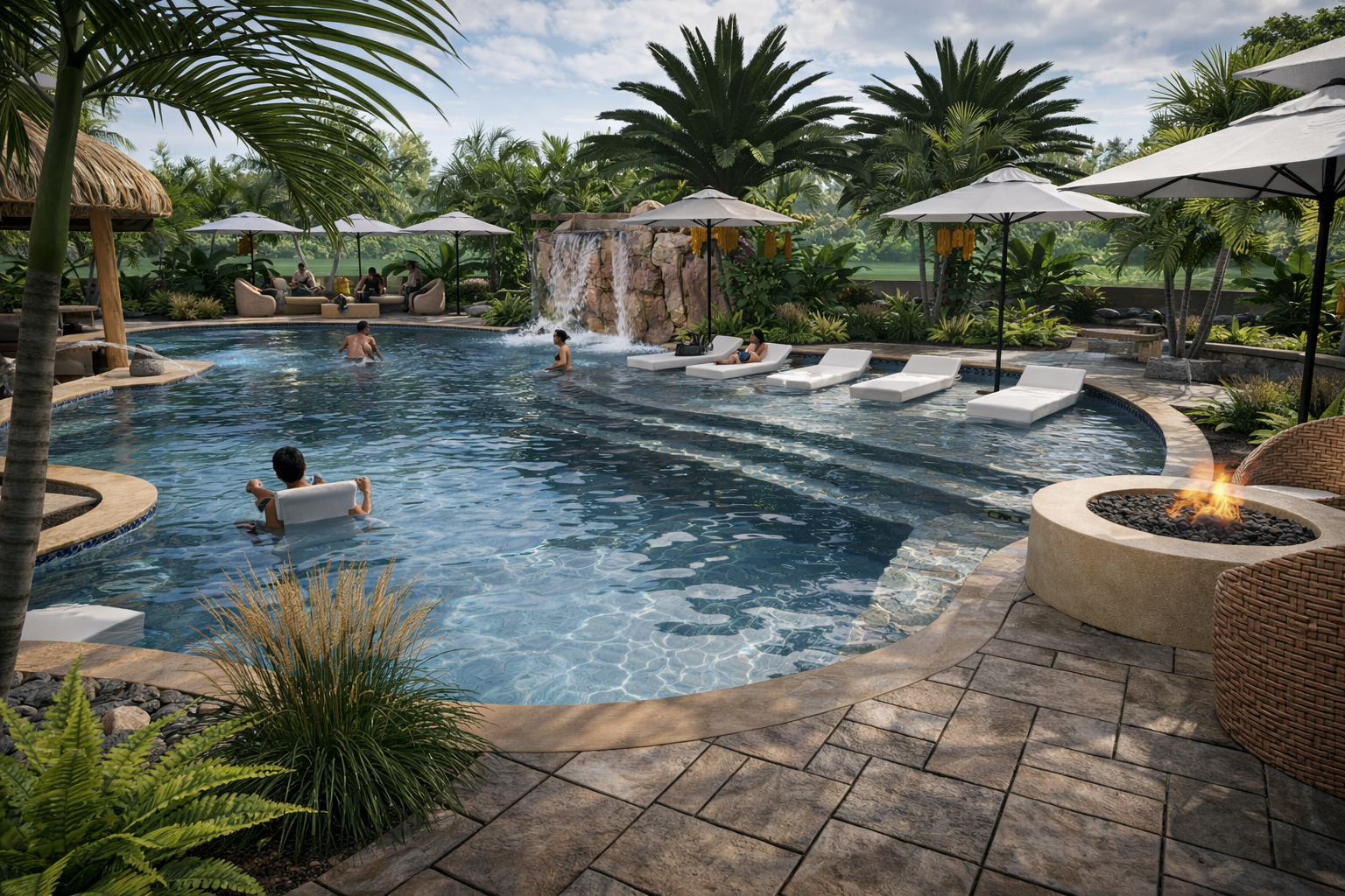 A luxurious outdoor swimming pool surrounded by lush tropical plants, with several people relaxing on white lounge chairs under umbrellas, a waterfall feature, and a fire pit area, creating an inviting tropical resort atmosphere.