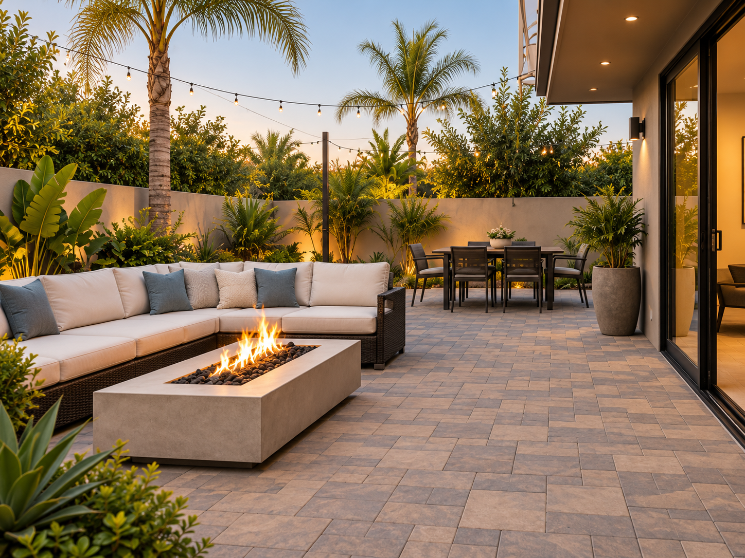 An outdoor patio with a white sectional sofa, a rectangular fire pit, a dining table with six chairs, and lush green plants including palm trees, under string lights at sunset.
